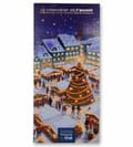 Tall illustrated box of a snowy Christmas market, labeled Le calendrier de l'avent and 24 recipes of teas and infusions, with the Comptoir Français du Thé logo.