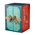Høj blågrøn Fortnum & Mason-delekalender med te og kiks, bundet med et bånd