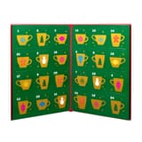 Calendario Stash abierto con puertas numeradas e ilustraciones de tazas