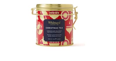 Boîte Whittard Christmas Tea à fermeture à clip avec une étiquette rouge