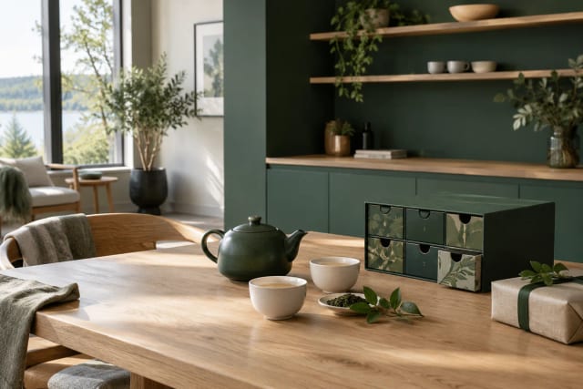 A green Scandinavian tea interior with a teapot, cups and an advent calendar on an oak table