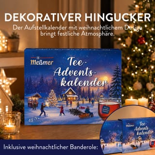 Meßmer Tee-Adventskalender dans une pièce festive avec son étui cadeau