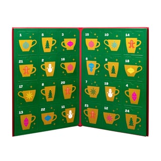 Calendario Stash abierto con puertas numeradas e ilustraciones de tazas