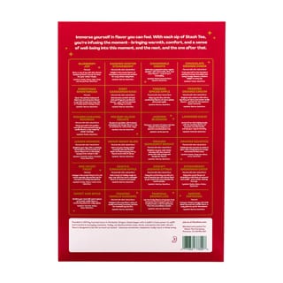 Parte posterior de la caja del calendario de Adviento de té Stash 2026 con descripciones de los tés