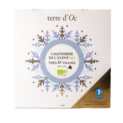 White Terre d'Oc box with a snowflake pattern, labeled Calendrier de l'Avent bio, thés et tisanes, 24 sachets, 44.3 g, with organic logos.