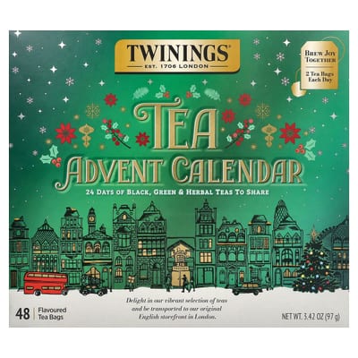 Forsiden af den grønne Twinings Brew Joy Together-adventskalender med te til 2026