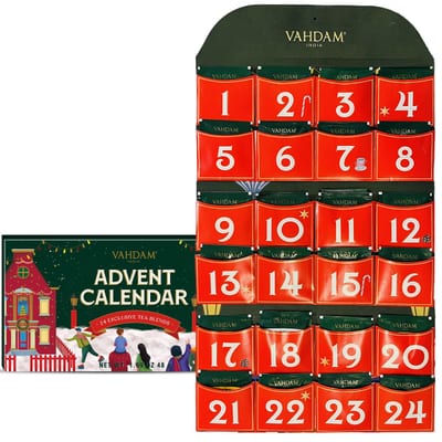 Vahdams sammenfoldelige adventskalender til 2026 med 24 røde nummererede lommer