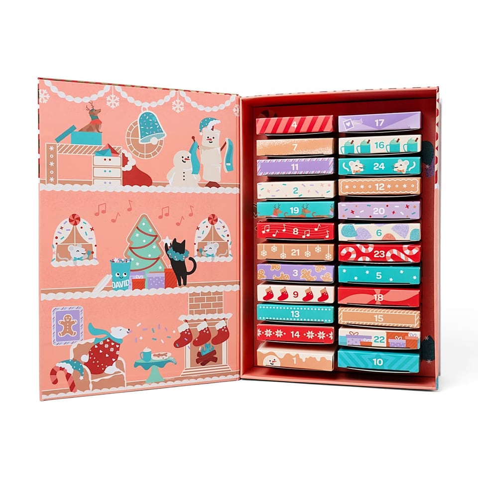Åben DAVIDsTEA 24 Days of 2026 Tea-adventskalender med rækker af små dåser