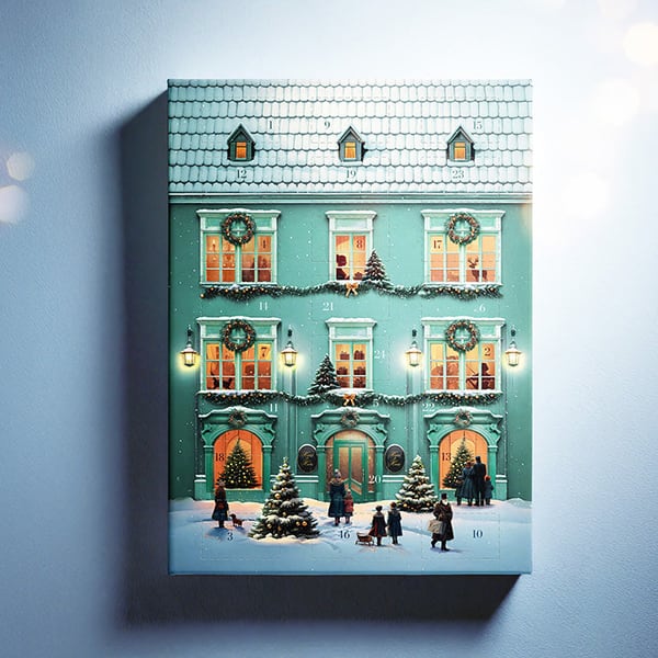 Illustrated teal building with numbered windows from 1 to 24 on a snowy street. No tea is visible.