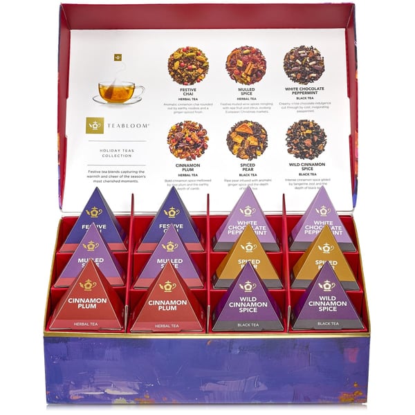Geöffnete Teabloom Weihnachts-Tee-Präsentationsbox mit Pyramidenbeuteln