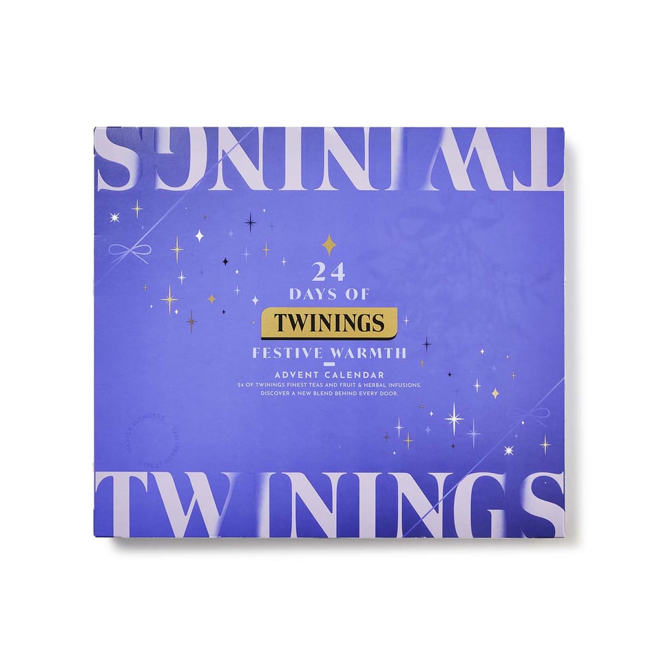 Parte anteriore del calendario dell'Avvento blu Twinings 24 Days of Festive Warmth