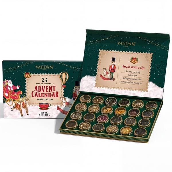 Coffret cadeau calendrier de l'Avent Vahdam 2026 ouvert avec 24 boîtes de thé en vrac