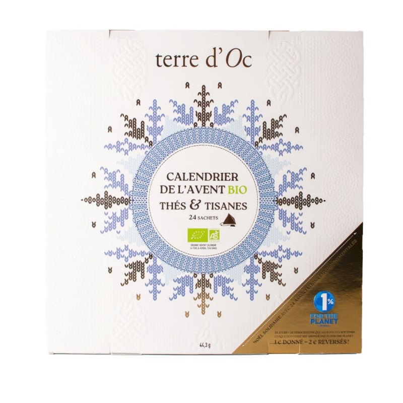 White Terre d'Oc box with a snowflake pattern, labeled Calendrier de l'Avent bio, thés et tisanes, 24 sachets, 44.3 g, with organic logos.