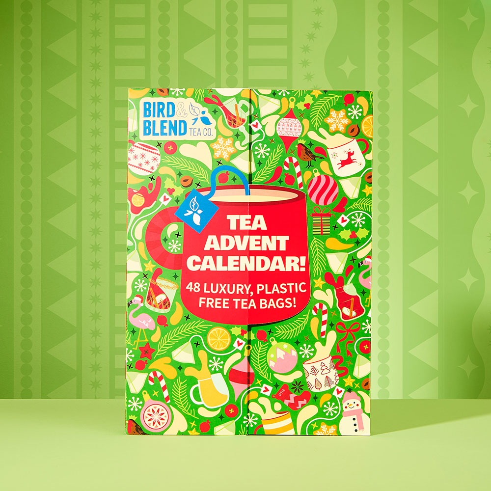 Bird & Blend-adventskalenderæske med te på grøn baggrund
